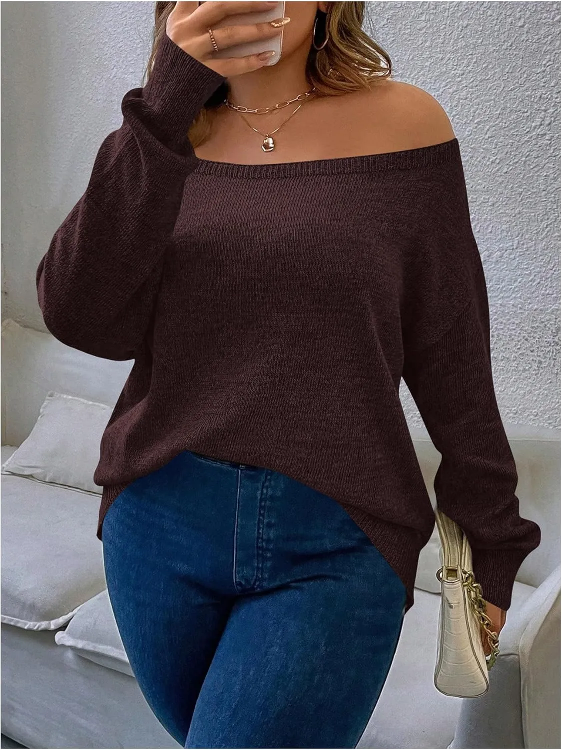 SOLY HUX Women's Plus Size Sweater Off Shoulder Long Sleeve Fall Sweaters Loose Lightweight Pullover Tunic Tops