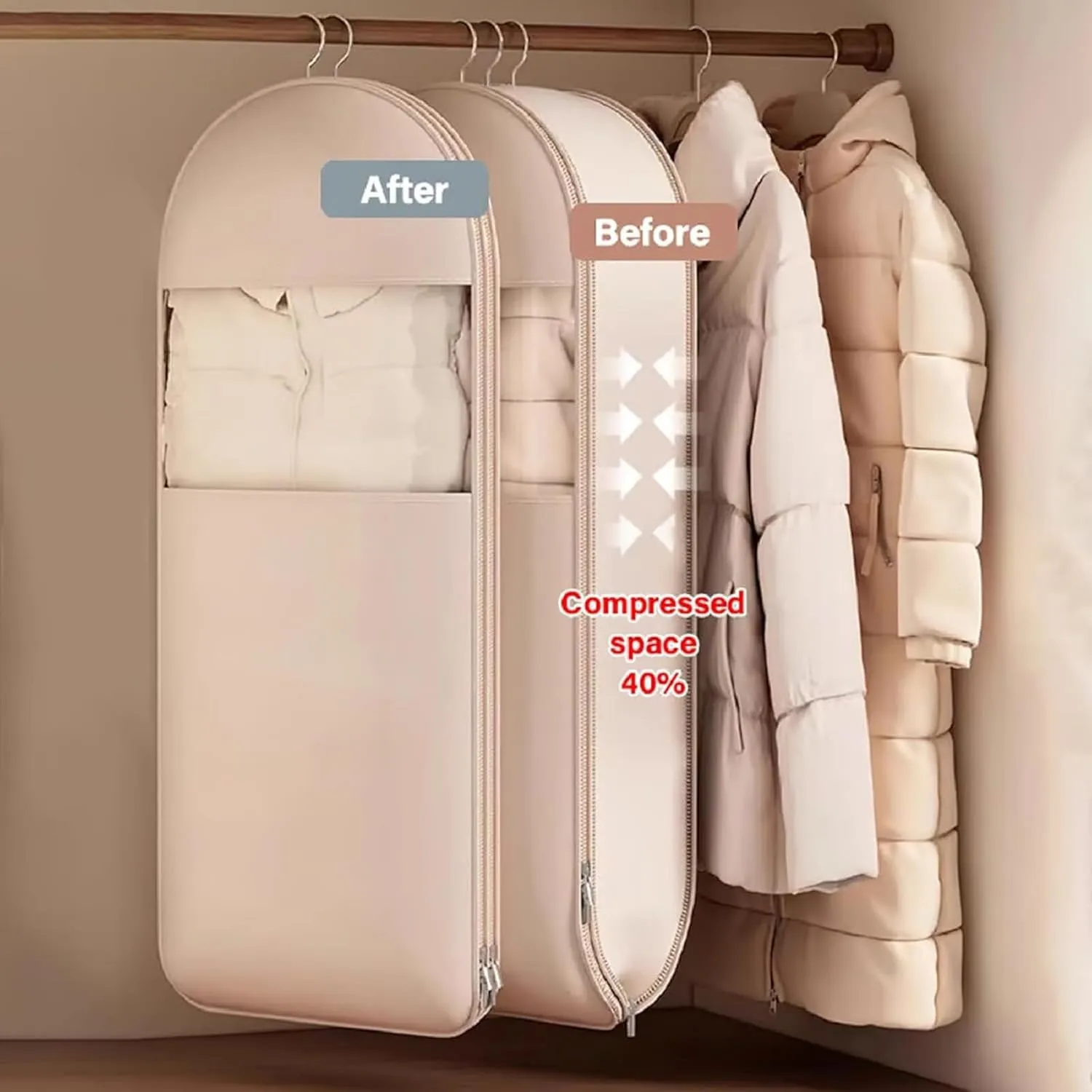 Space Saving Hanging Garment Bag with Self Compression Zipper, Dust Cover Clothes Bags for Down Coat, 1/3 Pcs Space Saver Closet Organizers (Pink,Medium)