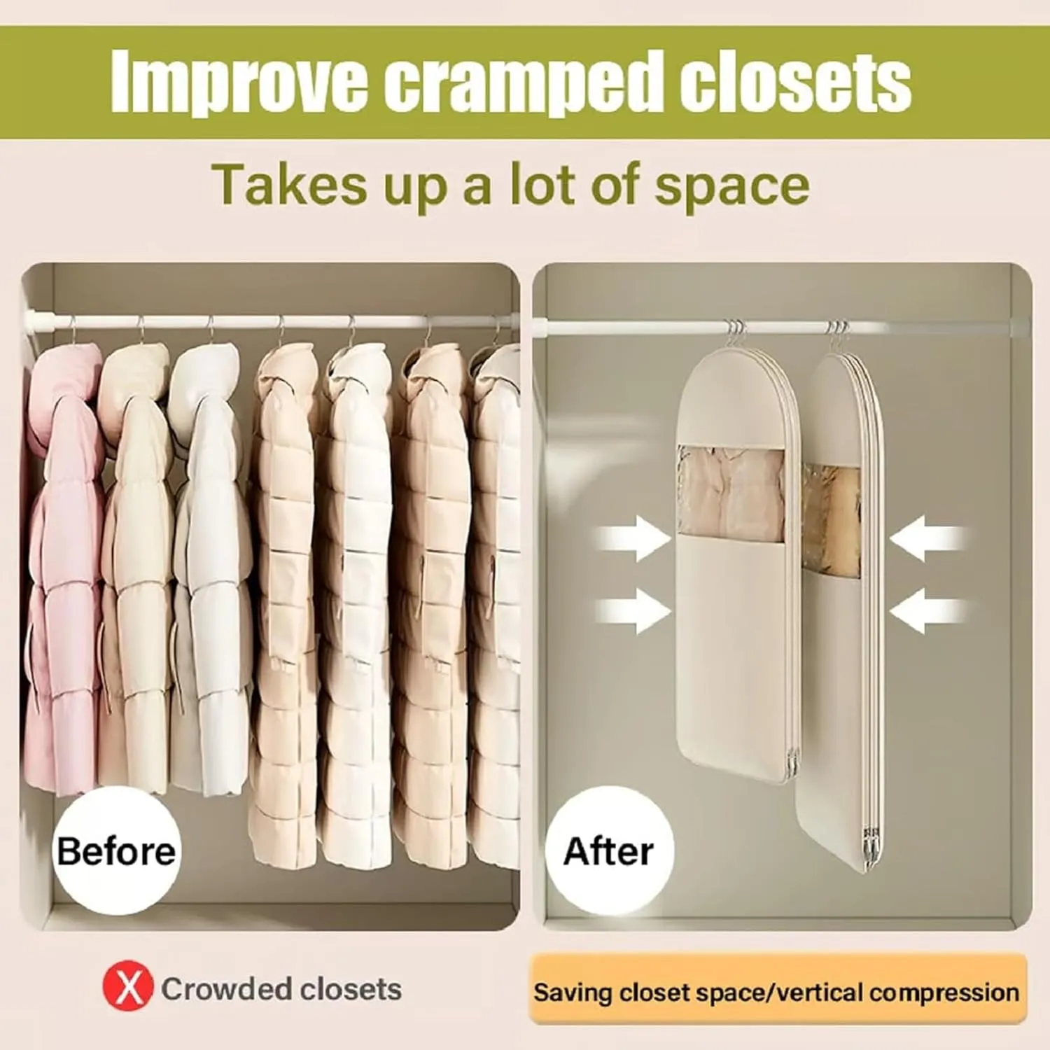 Space Saving Hanging Garment Bag with Self Compression Zipper, Dust Cover Clothes Bags for Down Coat, 1/3 Pcs Space Saver Closet Organizers (Pink,Medium)