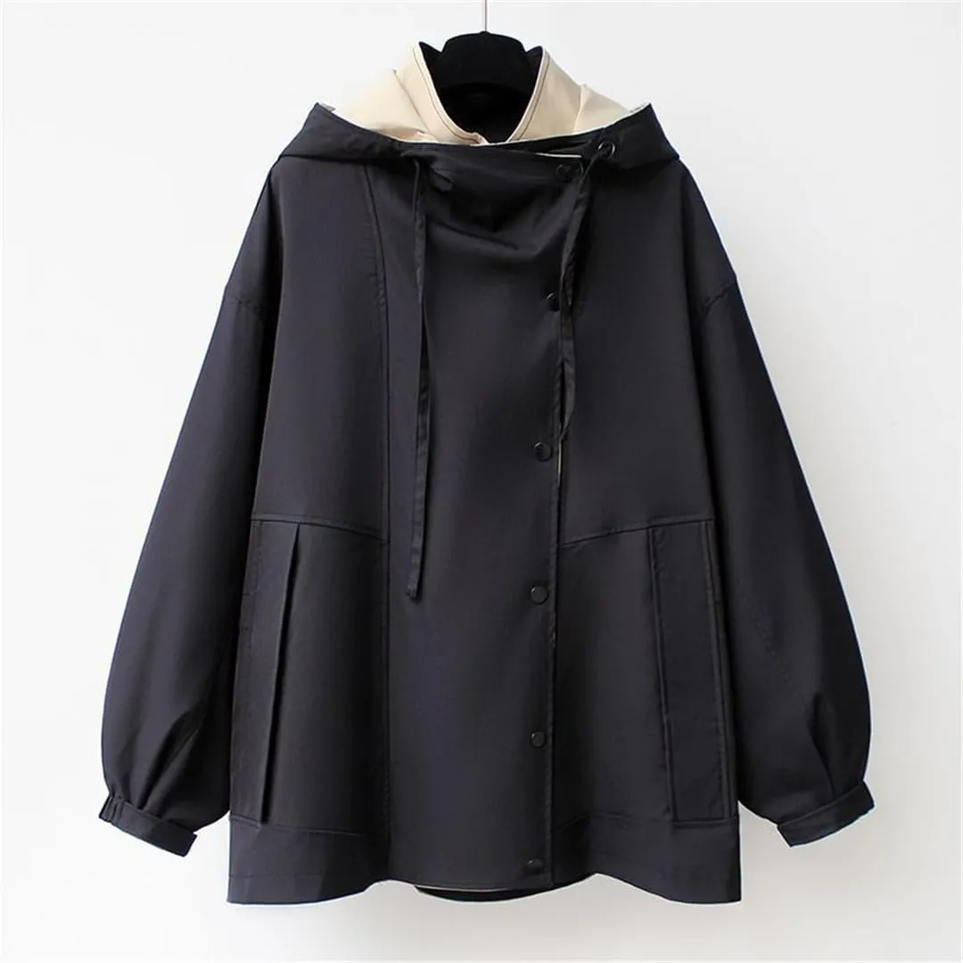 Spring And Autumn Women's Mid-Length Trench Coat Hooded Zipper Loose Jacket Korean Version Fashion