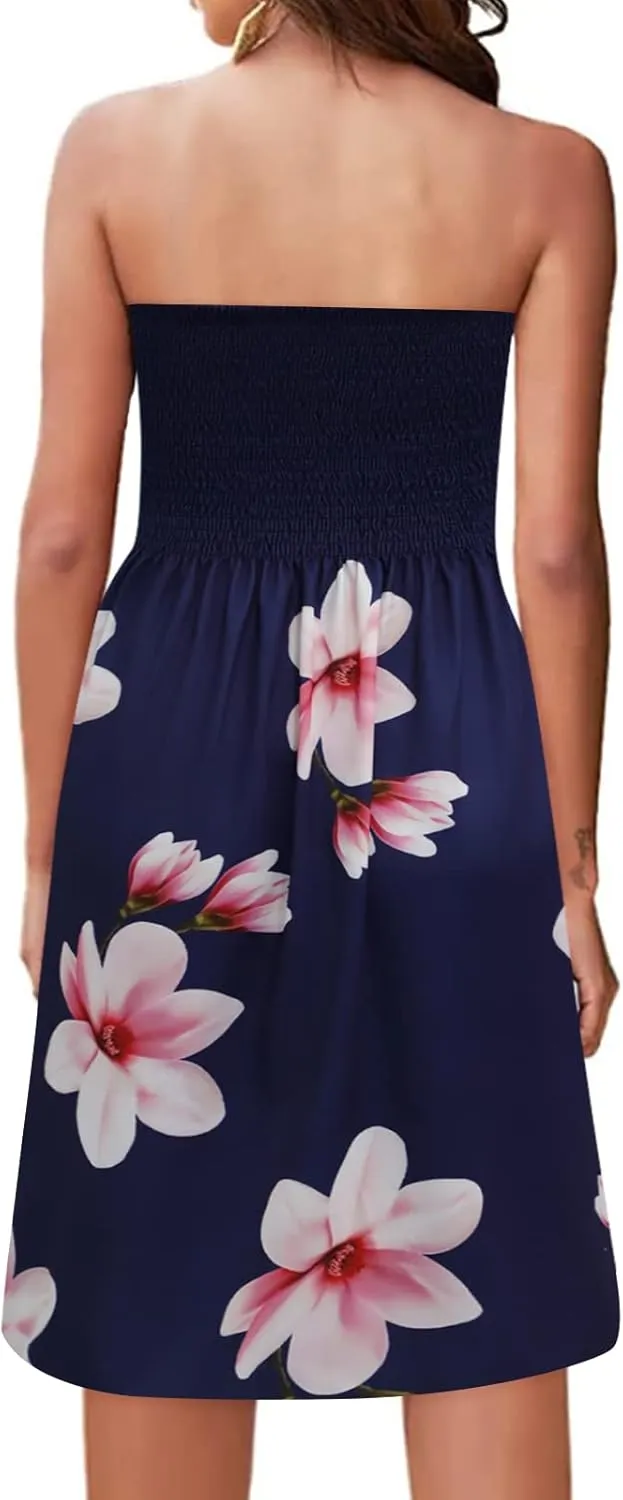 Strapless Dress for Women Summer Beach Smocked Sundresses Casual Tub Top Dress