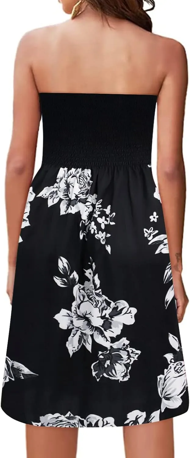 Strapless Dress for Women Summer Beach Smocked Sundresses Casual Tub Top Dress