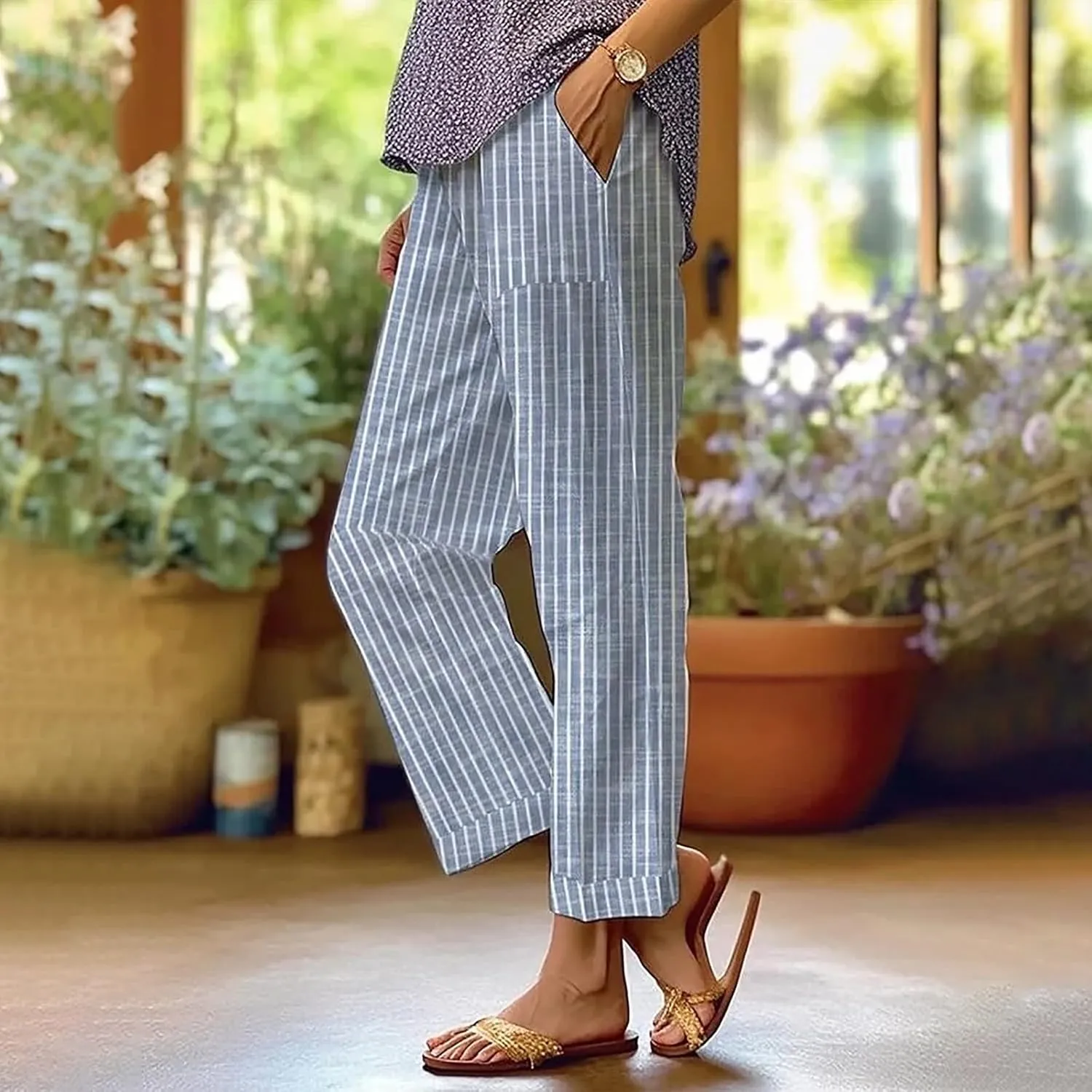 Stripe Linen Capri Pants for Women High Waisted Straight Leg Lounge Pant Comfy Soft Cropped Trousers with Pockets