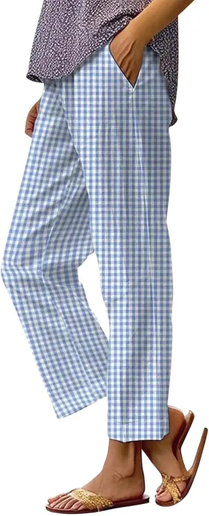 Stripe Linen Capri Pants for Women High Waisted Straight Leg Lounge Pant Comfy Soft Cropped Trousers with Pockets