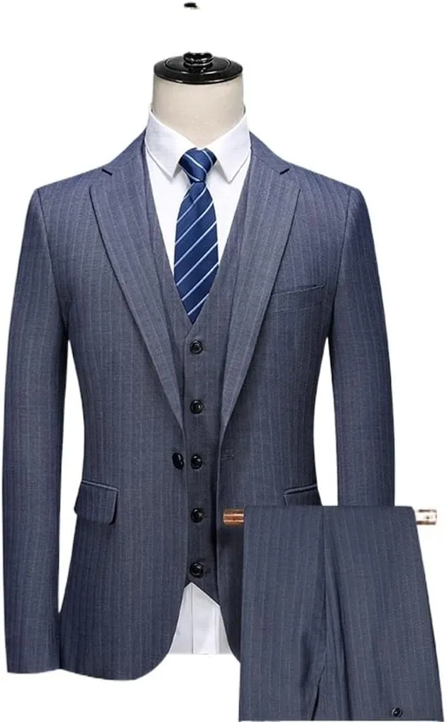 Suit Pants Vest Suit Spring Suit/Men's Casual Business Stripe 3 Suit Jacket and Pants/Men's Suit(D,M for 47 to 55 kg)