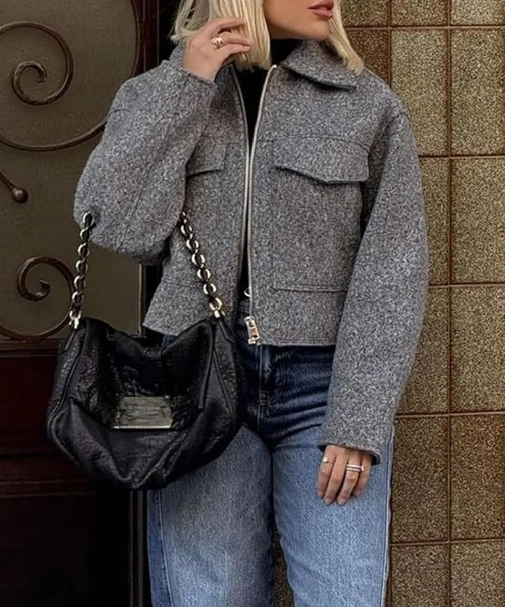 Sumleno Womens Trendy Cropped Bomber Jacket Turn-Down Collar Zip Up Long Sleeve Y2k Varsity Jackets Fall Winter Outfits