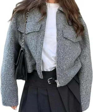 Sumleno Womens Trendy Cropped Bomber Jacket Turn-Down Collar Zip Up Long Sleeve Y2k Varsity Jackets Fall Winter Outfits