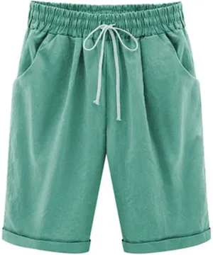 Summer Knee Length Shorts for Women Cotton Linen Bermuda Shorts Elastic Waist Workout Shorts Loose Beach Shorts, Blue