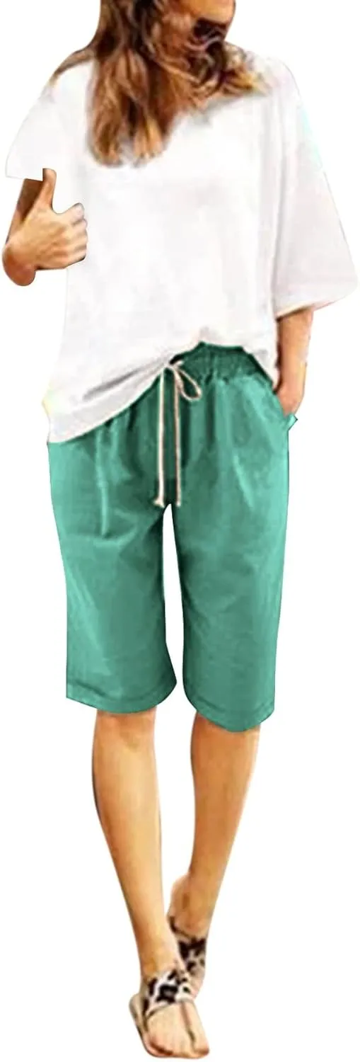 Summer Knee Length Shorts for Women Cotton Linen Bermuda Shorts Elastic Waist Workout Shorts Loose Beach Shorts, Blue