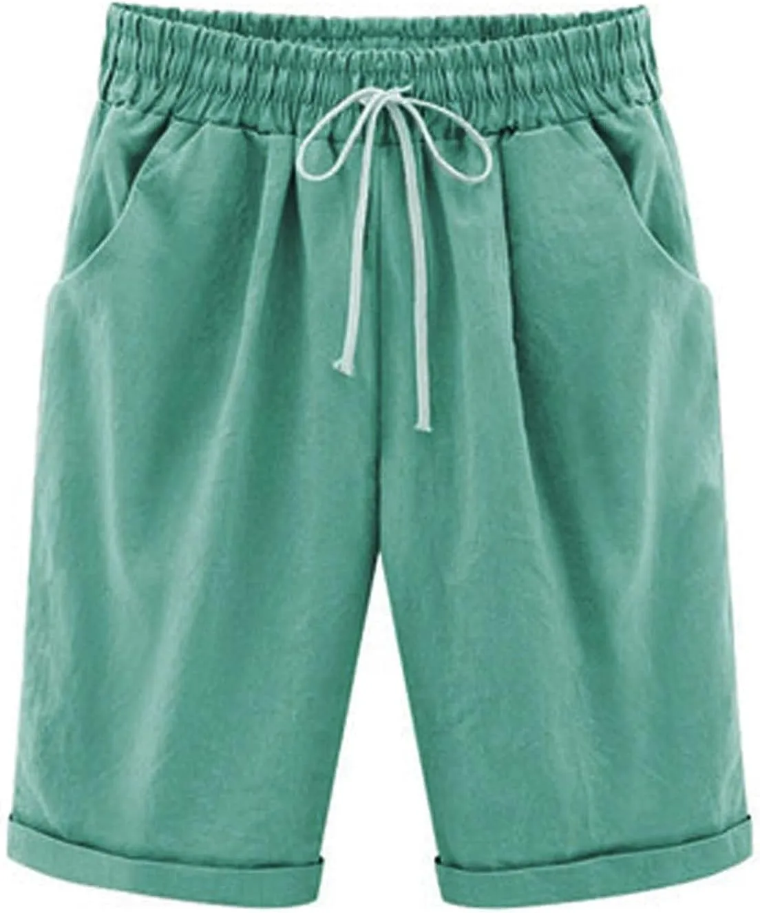 Summer Knee Length Shorts for Women Cotton Linen Bermuda Shorts Elastic Waist Workout Shorts Loose Beach Shorts, Blue