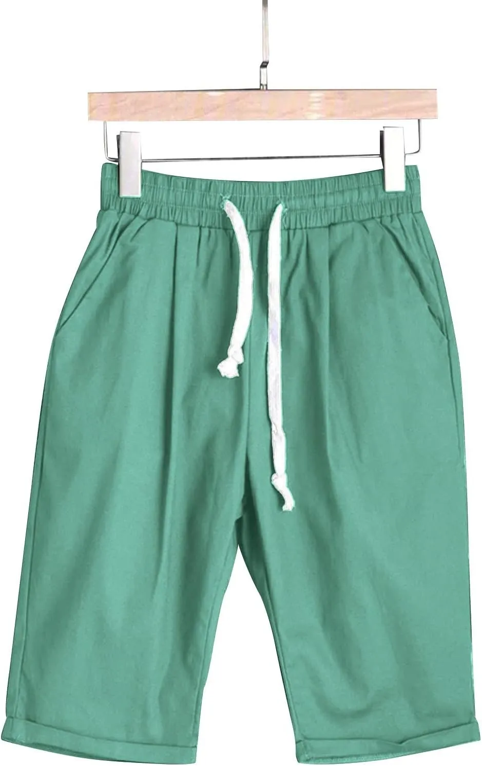 Summer Knee Length Shorts for Women Cotton Linen Bermuda Shorts Elastic Waist Workout Shorts Loose Beach Shorts, Blue