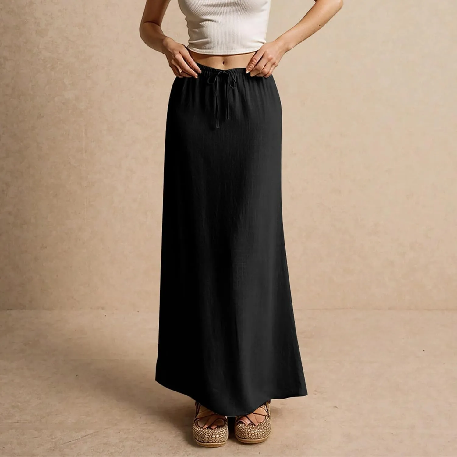 Summer Maxi Skirts for Women Trendy Low Waisted Drawstring Skorts Casual Lightweight Solid Color Simple Long Skirts