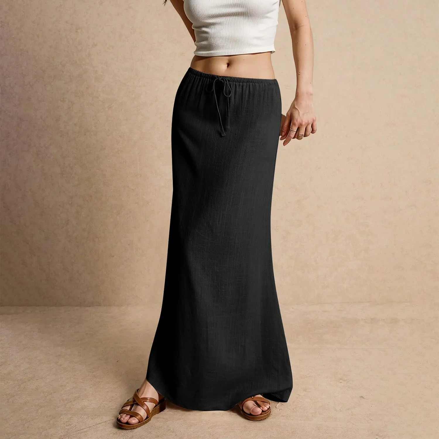 Summer Maxi Skirts for Women Trendy Low Waisted Drawstring Skorts Casual Lightweight Solid Color Simple Long Skirts
