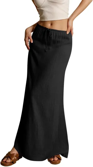Summer Maxi Skirts for Women Trendy Low Waisted Drawstring Skorts Casual Lightweight Solid Color Simple Long Skirts