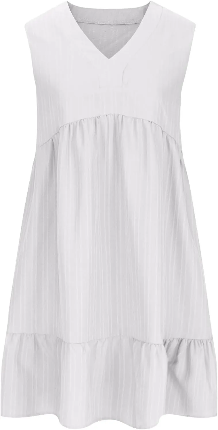 Summer Sleeveless Babydoll Sundress Women Ruffle Hem Casual Wrinkles Tank Dresss Cute V Neck Sleeveless Mini Dresses