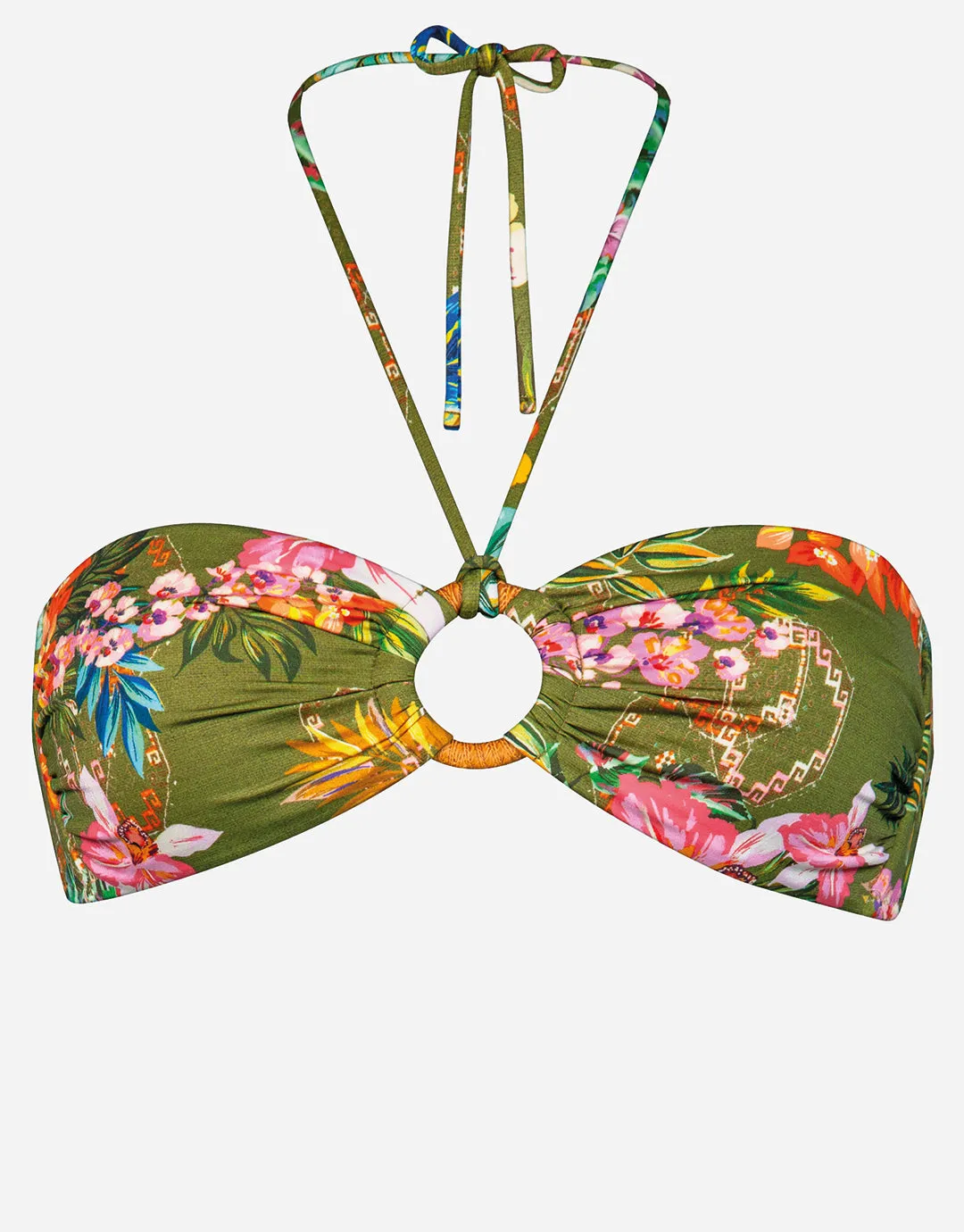 Sunset Florals Ring Front Bandeau Bikini Top - Warm Olive