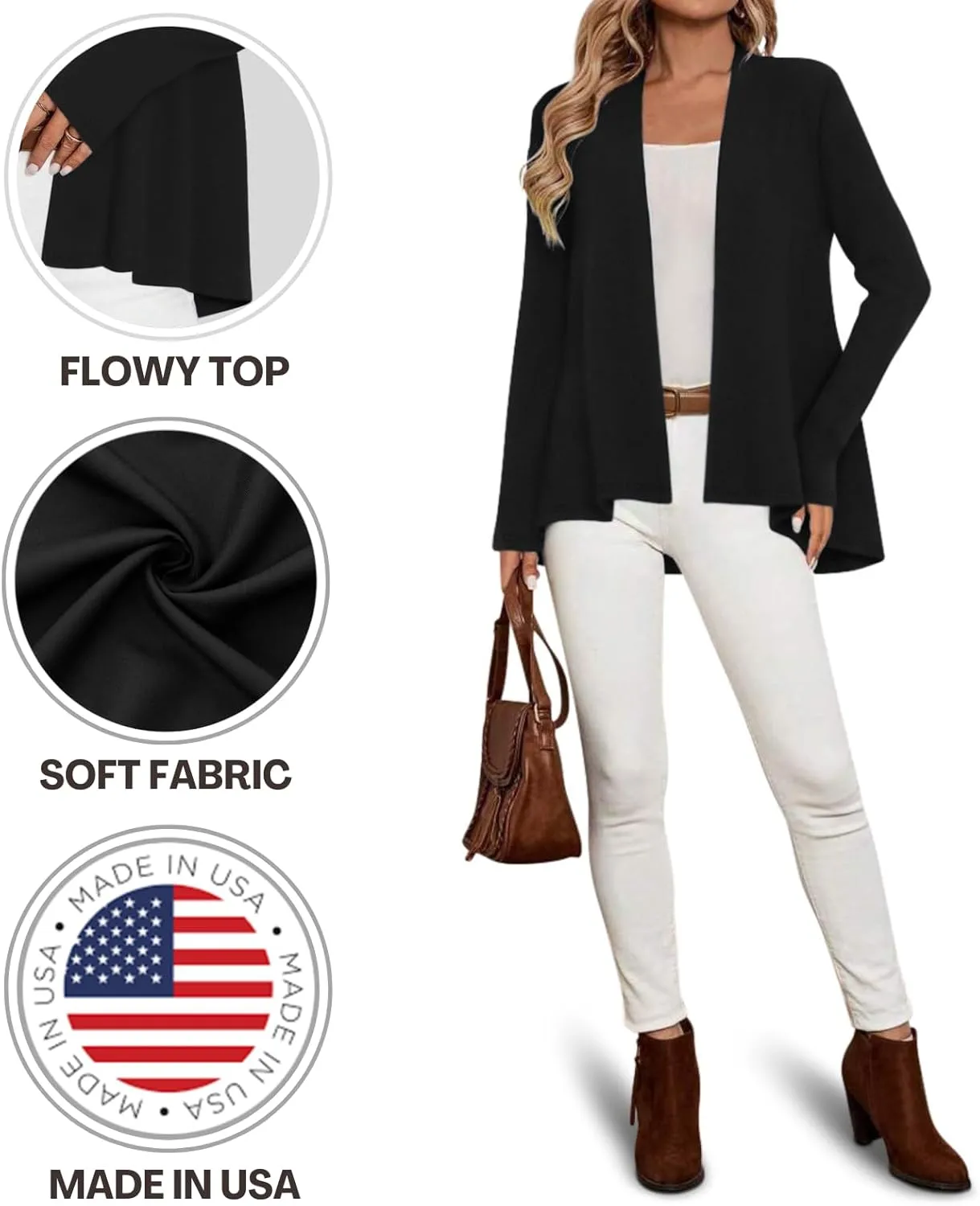 Sweet Hearts Long Sleeve Black Cardigan for Women- Lightweight Open Front Knit Sweaters Womens Kimonos Fall Duster