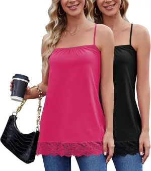 TAIPOVE Camisole Tops for Women Long Lace Cami Cotton Adjustable Strap Tank Top Extender Layering Square Neck 2 Packs