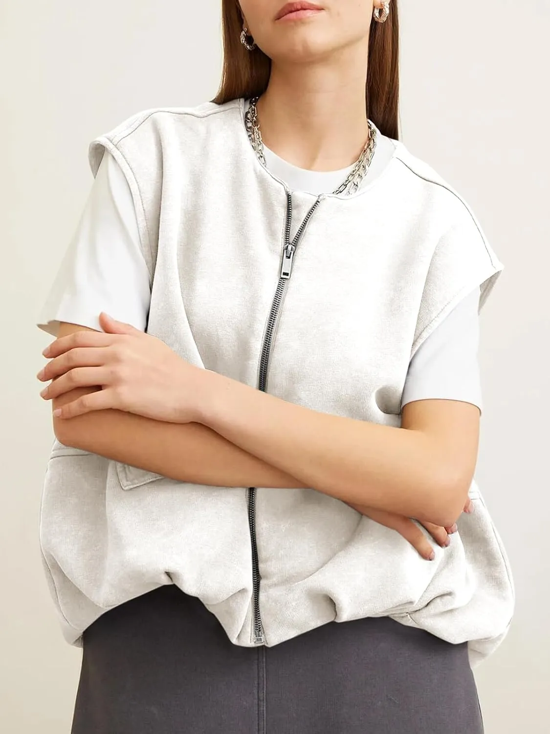 Tankaneo Womens Cargo Zip up Vest Oversized Casual Cotton Sleeveless Jackets Crew Neck Ruched Hem Gilet