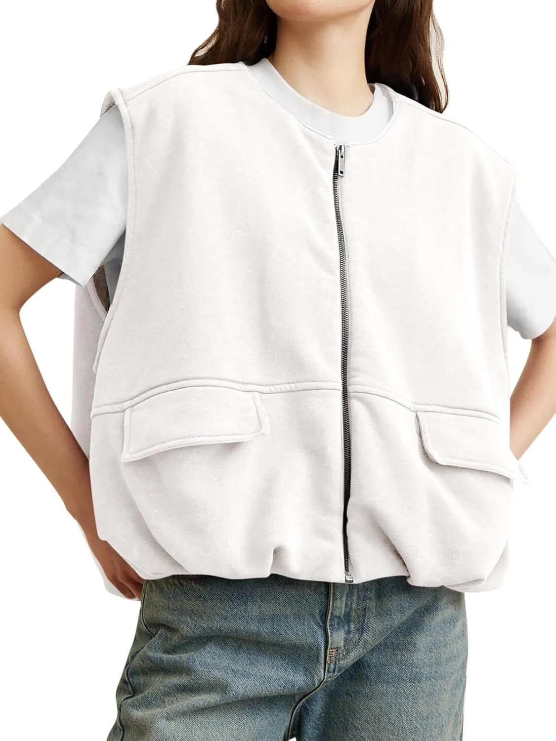 Tankaneo Womens Cargo Zip up Vest Oversized Casual Cotton Sleeveless Jackets Crew Neck Ruched Hem Gilet
