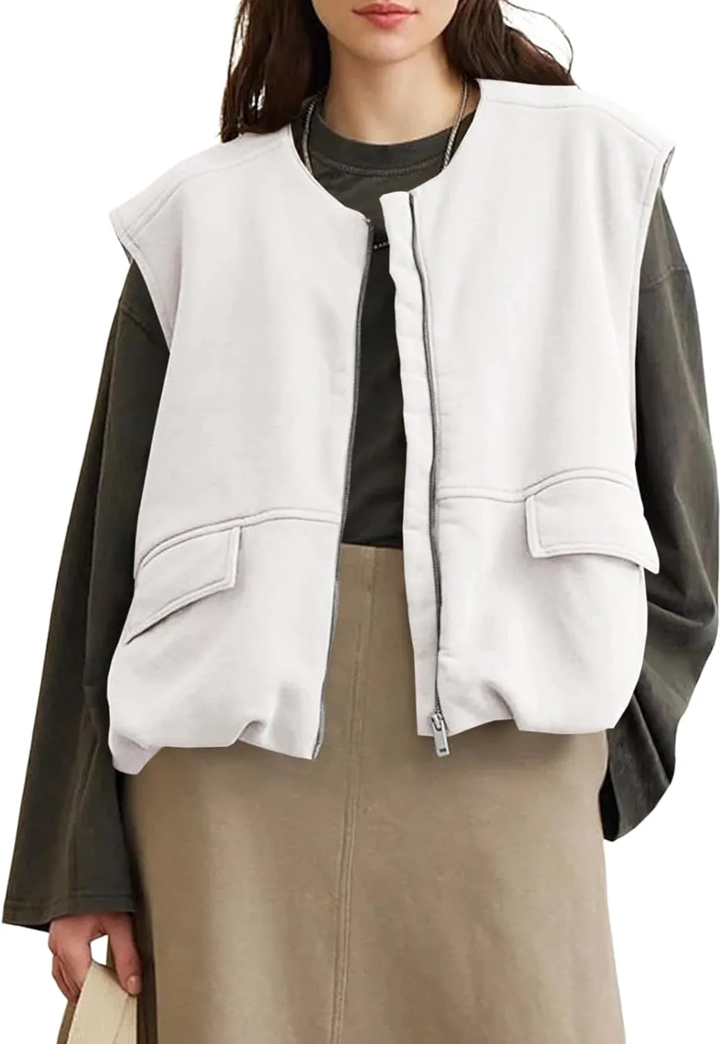Tankaneo Womens Cargo Zip up Vest Oversized Casual Cotton Sleeveless Jackets Crew Neck Ruched Hem Gilet