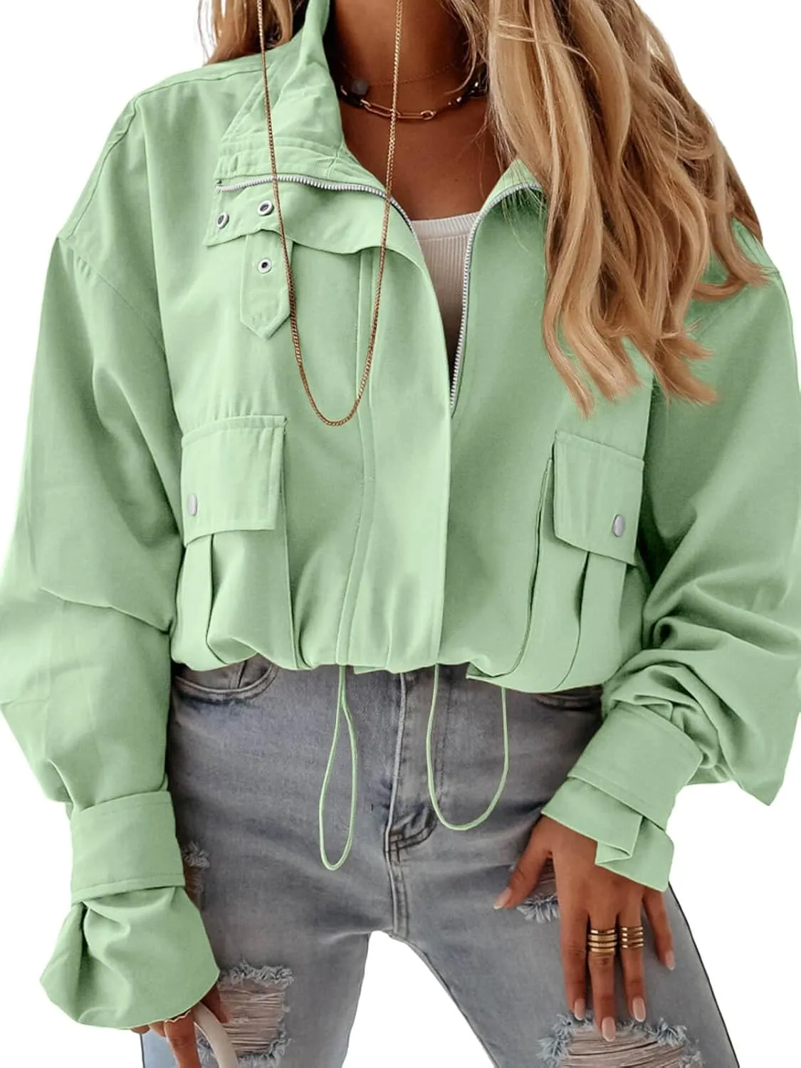Tankaneo Womens Cropped Bomber Jacket Long Sleeve Zip Up Casual Coats Loose Fit Outerwear with Pockets