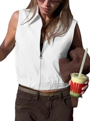 Tankaneo Womens Cropped Cargo Vest Tops Summer Trendy Sleeveless Zip Up Jacket Y2k Going Out Elastic Hem Outerwear