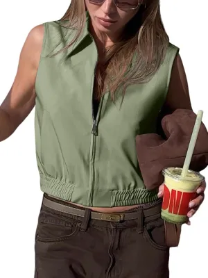 Tankaneo Womens Cropped Cargo Vest Tops Summer Trendy Sleeveless Zip Up Jacket Y2k Going Out Elastic Hem Outerwear