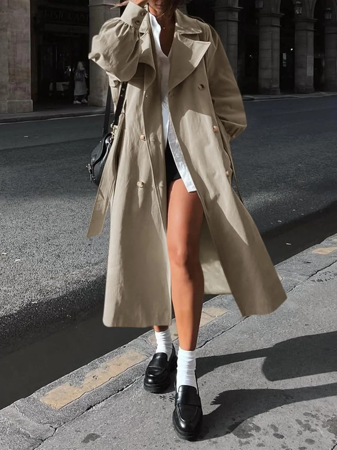 Tankaneo Womens Long Trench Coat Fall Fashion Oversized Double Breasted Lapel Overcoat Outerwear with Belt