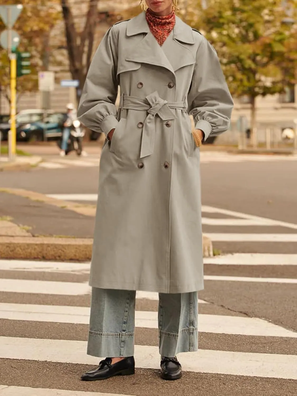 Tankaneo Womens Long Trench Coat Fall Fashion Oversized Double Breasted Lapel Overcoat Outerwear with Belt