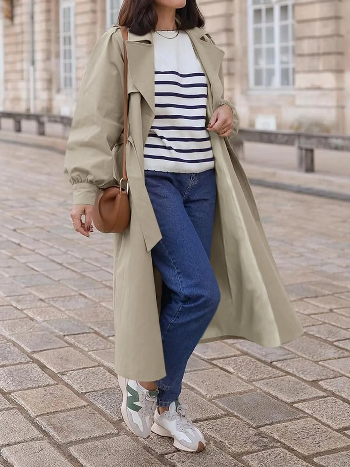 Tankaneo Womens Long Trench Coat Fall Fashion Oversized Double Breasted Lapel Overcoat Outerwear with Belt