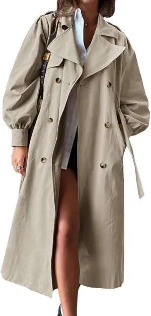 Tankaneo Womens Long Trench Coat Fall Fashion Oversized Double Breasted Lapel Overcoat Outerwear with Belt