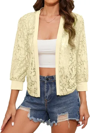 Tanou 2025 Women's Sheer Floral Lace Shrug Cardigans Sweaters Cropped Lightweight 3/4 Sleeves Bolero Shawl