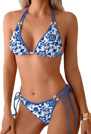 TASHEHE Women's Triangle String Bikini Set Sexy Tie Side Two Piece Swimsuit Cute Halter Bathing Suit