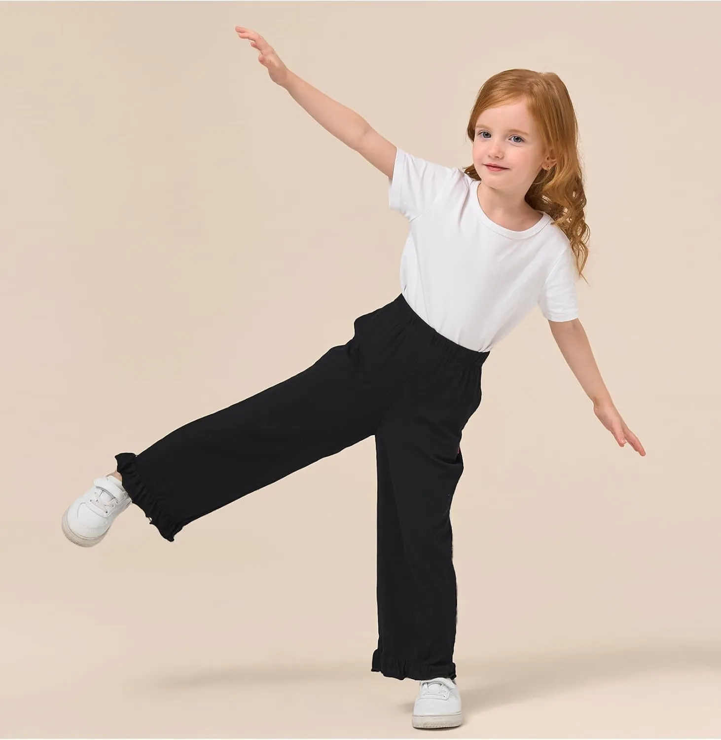 Toddler Girl Pants Soft Bamboo Viscose Casual Ruffle Wide Leg Trousers for Kids with Pockets