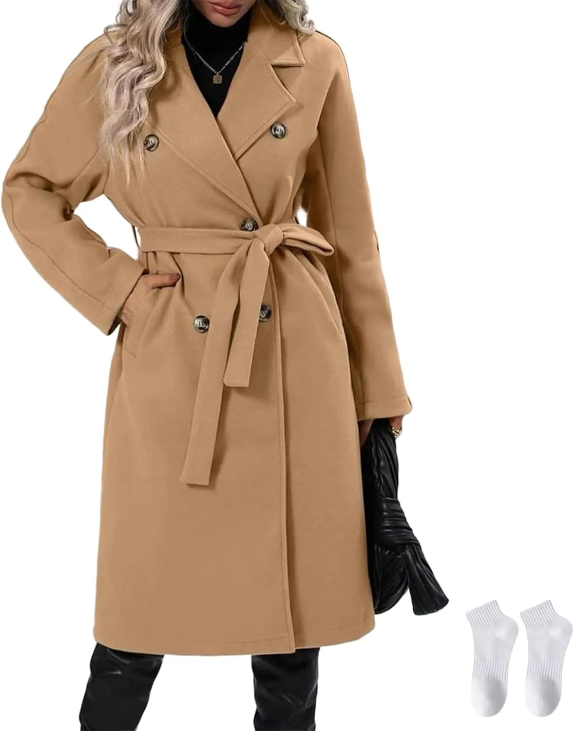 Trench Coat for Women 2024 Long Sleeve Coat Classic Double Breasted Fall Winter Work Office Overcoat with Side Pockets