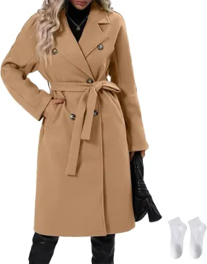 Trench Coat for Women 2024 Long Sleeve Coat Classic Double Breasted Fall Winter Work Office Overcoat with Side Pockets