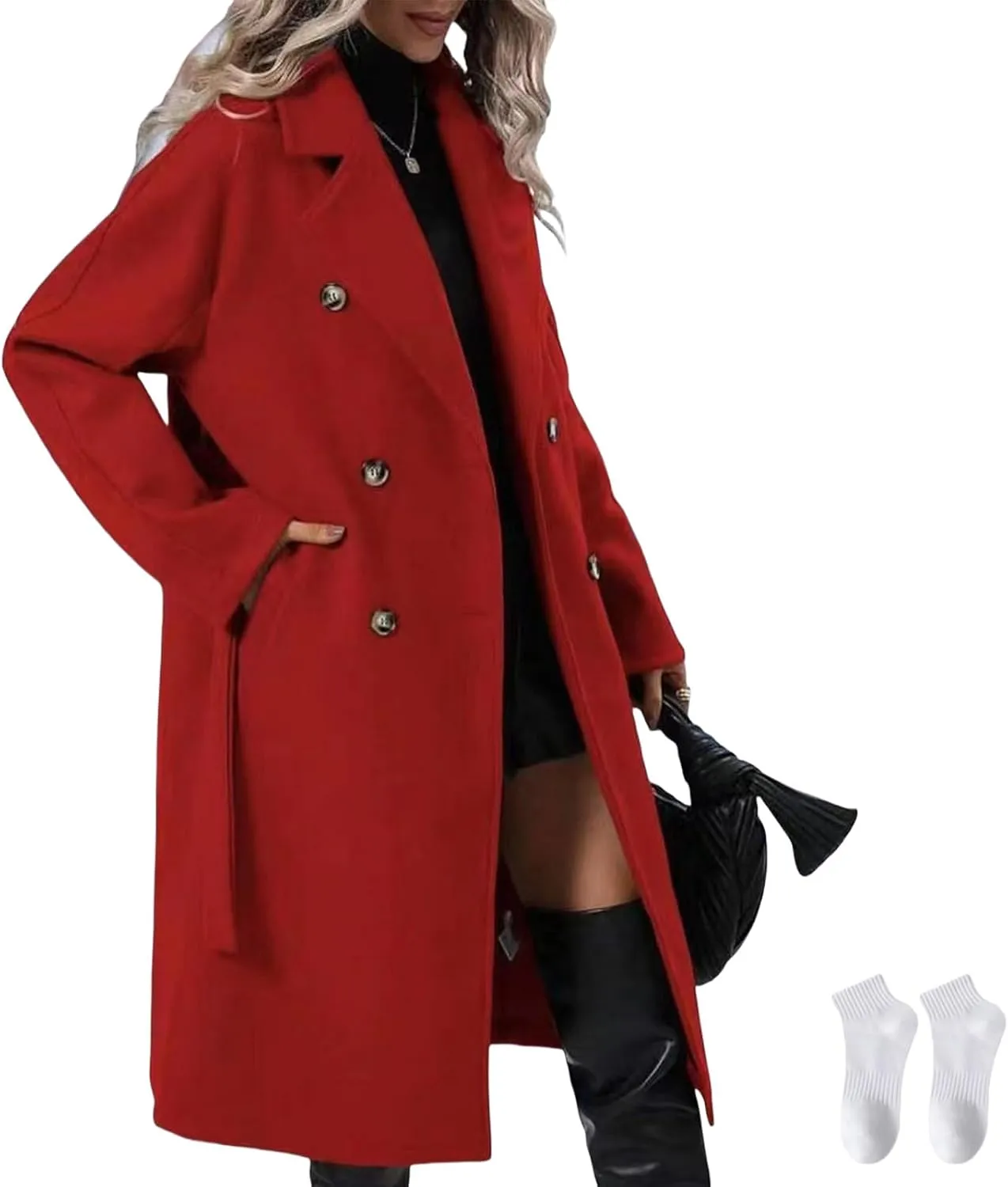 Trench Coat for Women 2024 Long Sleeve Coat Classic Double Breasted Fall Winter Work Office Overcoat with Side Pockets
