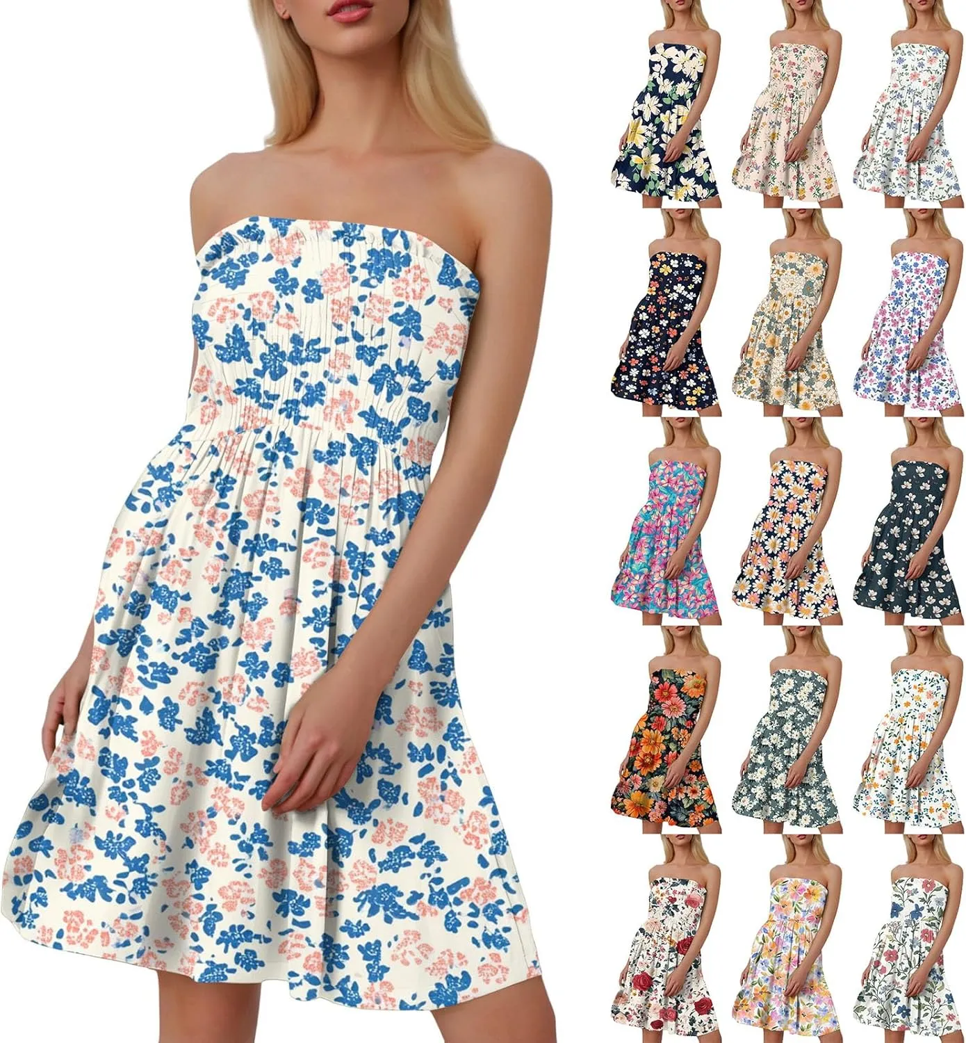 Tube Top Dress-Summer Strapless Dress Beach Vacation Floral Sundresses