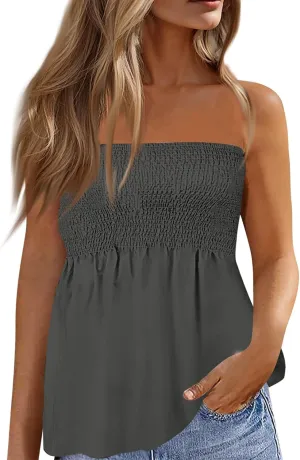 Tube Tops Women Elastic Trim Strapless Shirts Summer Casual Bandeau Tank Off The Shoulder Top Going Out Tunic