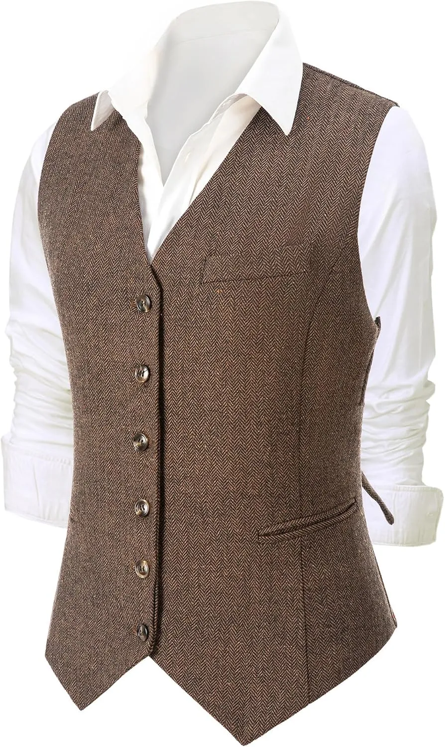 Tuikayoo Womens Herringbone tweed Sleeveless Slim Fit Button Down Top V Neck Outerwear Waistcoat Vest