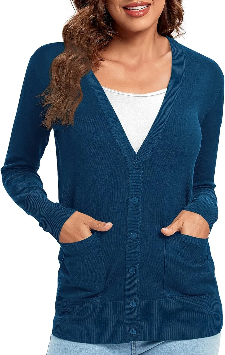 Urban CoCo Women's Lightweight Long Sleeve Cardigan Sweaters V-Neck Button Down Knit Sweater with Pockets