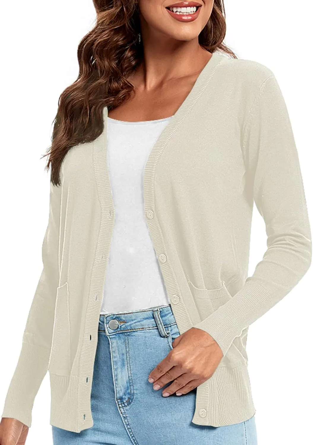 Urban CoCo Women's Lightweight Long Sleeve Cardigan Sweaters V-Neck Button Down Knit Sweater with Pockets