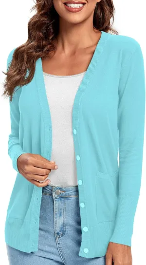 Urban CoCo Women's Lightweight Long Sleeve Cardigan Sweaters V-Neck Button Down Knit Sweater with Pockets