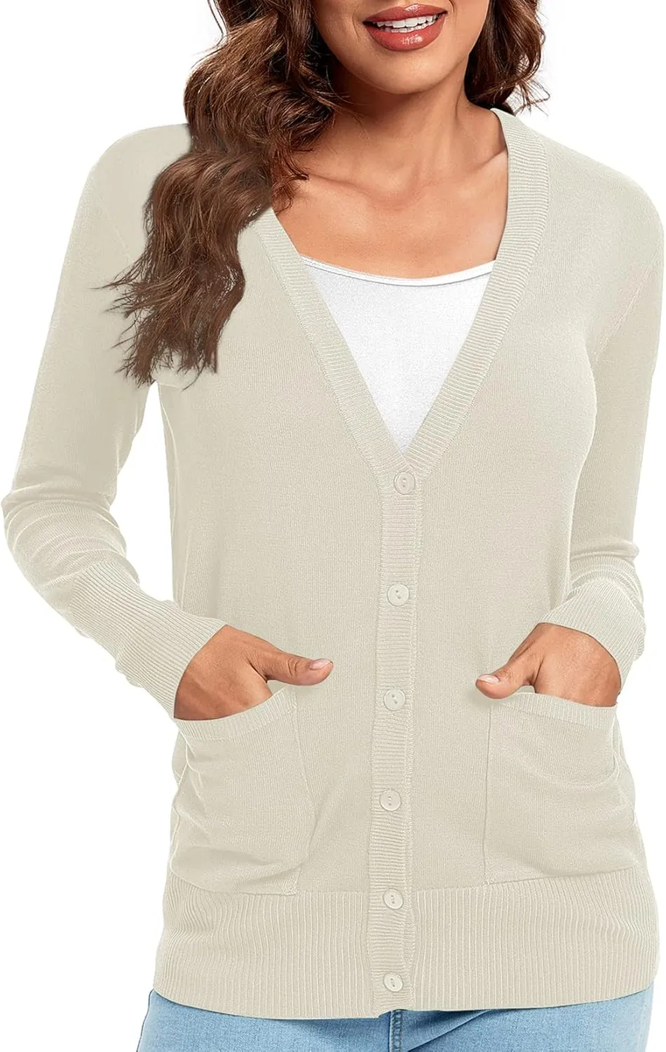 Urban CoCo Women's Lightweight Long Sleeve Cardigan Sweaters V-Neck Button Down Knit Sweater with Pockets