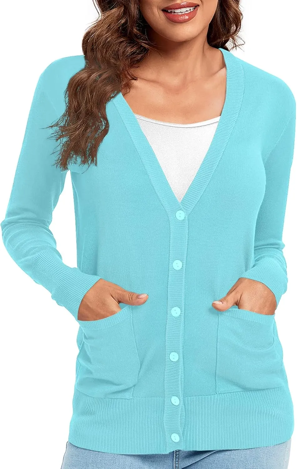 Urban CoCo Women's Lightweight Long Sleeve Cardigan Sweaters V-Neck Button Down Knit Sweater with Pockets