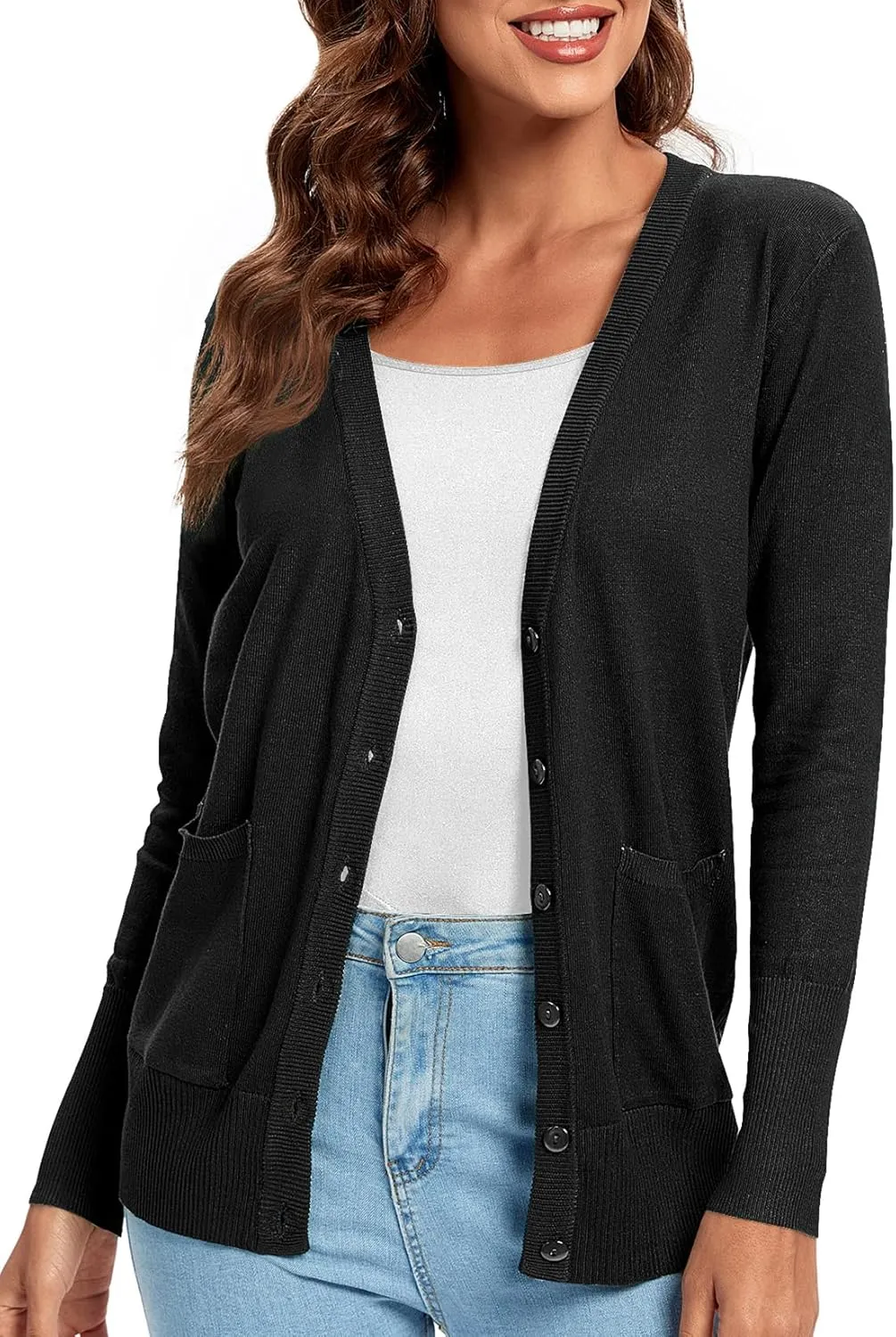 Urban CoCo Women's Lightweight Long Sleeve Cardigan Sweaters V-Neck Button Down Knit Sweater with Pockets