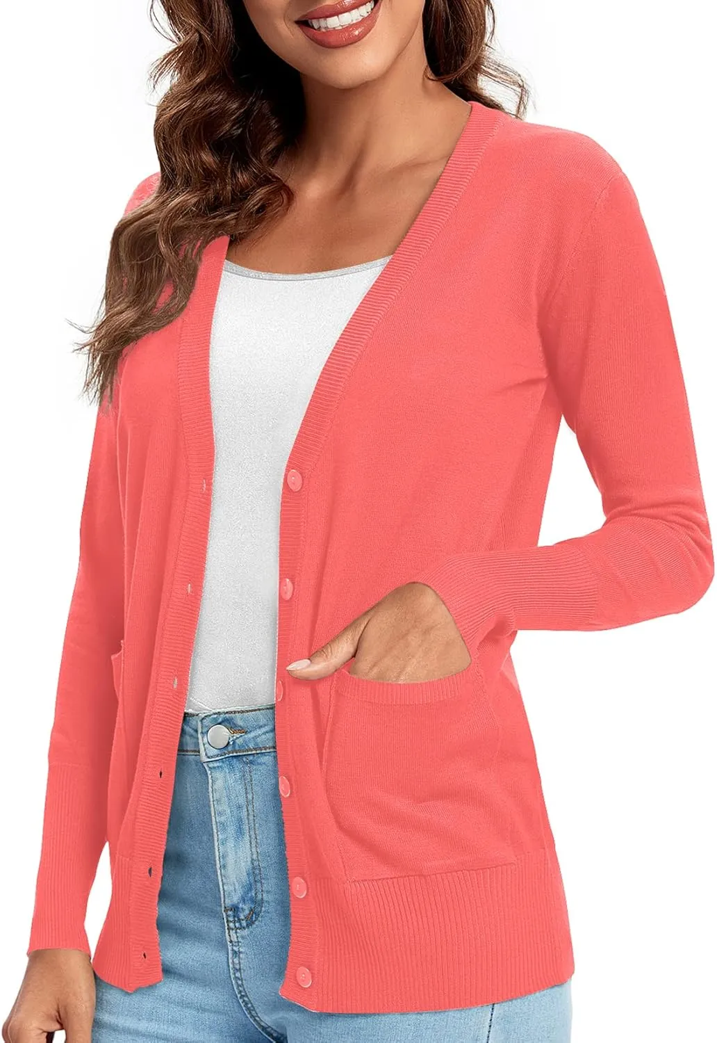 Urban CoCo Women's Lightweight Long Sleeve Cardigan Sweaters V-Neck Button Down Knit Sweater with Pockets