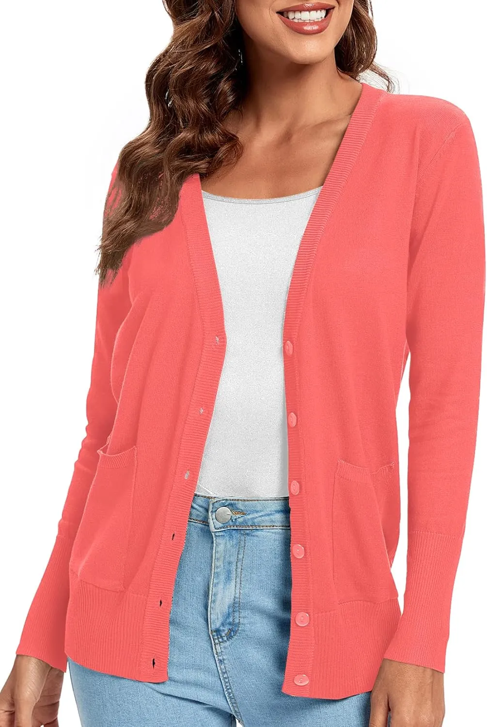 Urban CoCo Women's Lightweight Long Sleeve Cardigan Sweaters V-Neck Button Down Knit Sweater with Pockets
