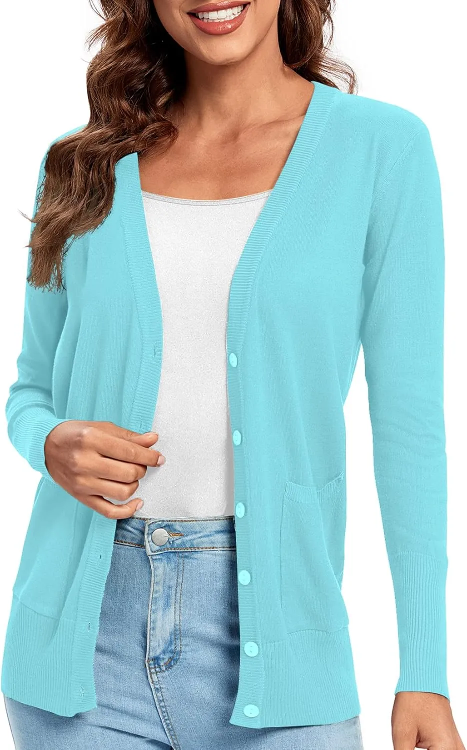 Urban CoCo Women's Lightweight Long Sleeve Cardigan Sweaters V-Neck Button Down Knit Sweater with Pockets
